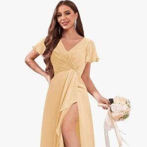 V Neck Ruffle Sleeve Bridesmaid/Formal Dress with Pockets